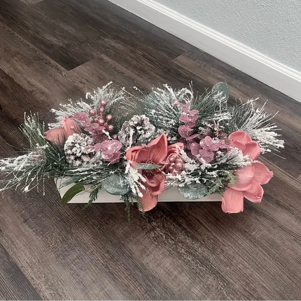 Elegant Pink and Green Floral Holiday Christmas Arrangement